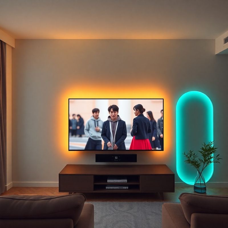 틸 조명이 켜진 모던 거실의 대형 TV 화면에 재생 중인 한국 드라마 장면